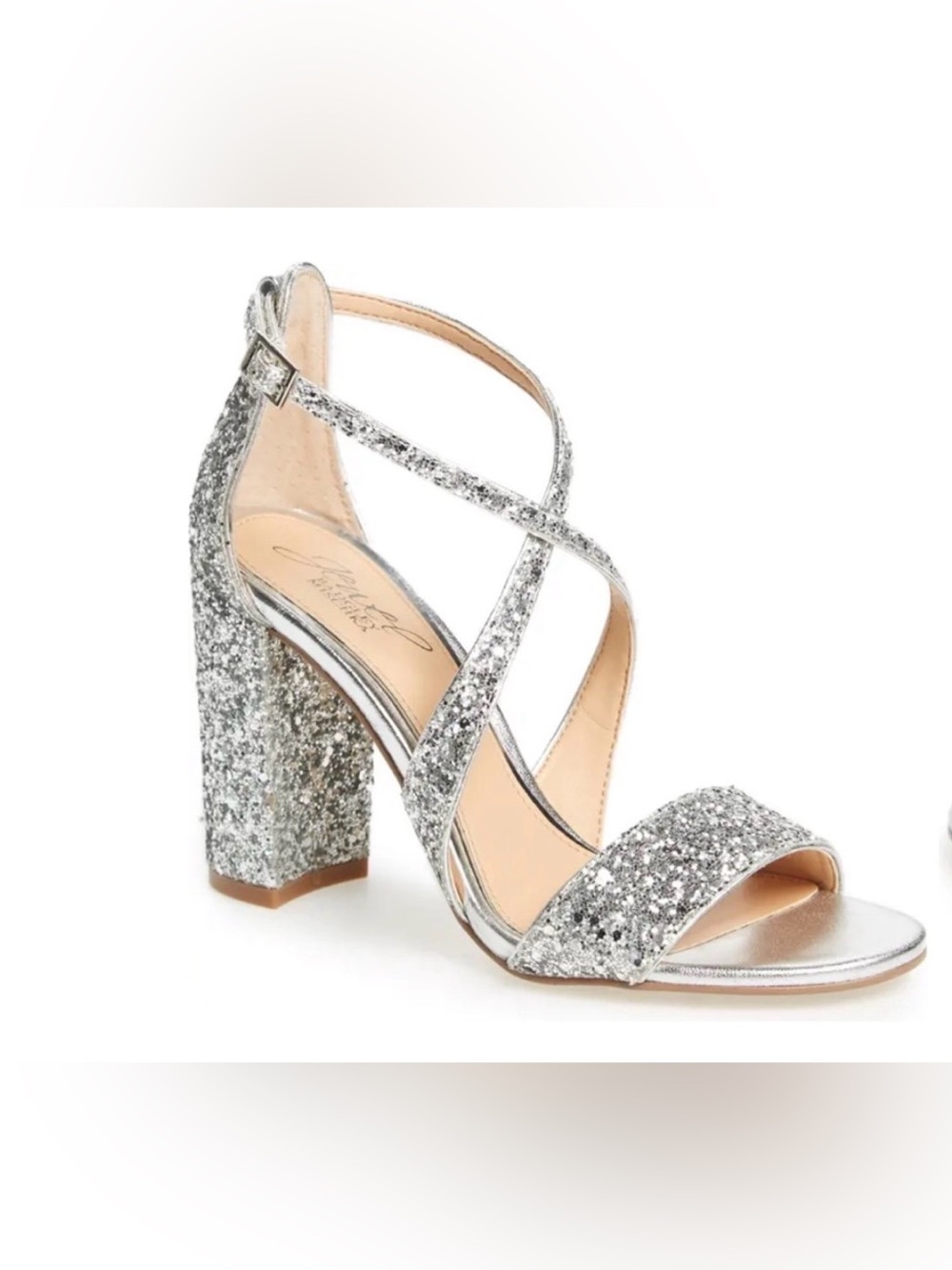 NEW Badgley Mischka Jewel Block Heels Silver Glitter Sandals